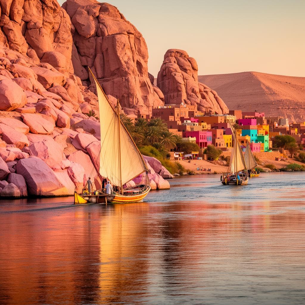 Felouques à voile sur le Nil à Assouan