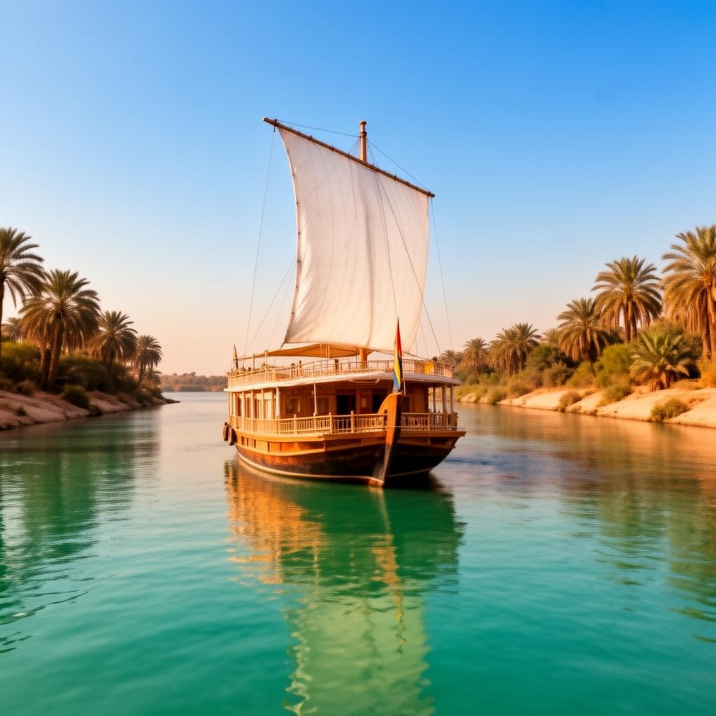Dahabeya voguant sur le Nil au coucher du soleil