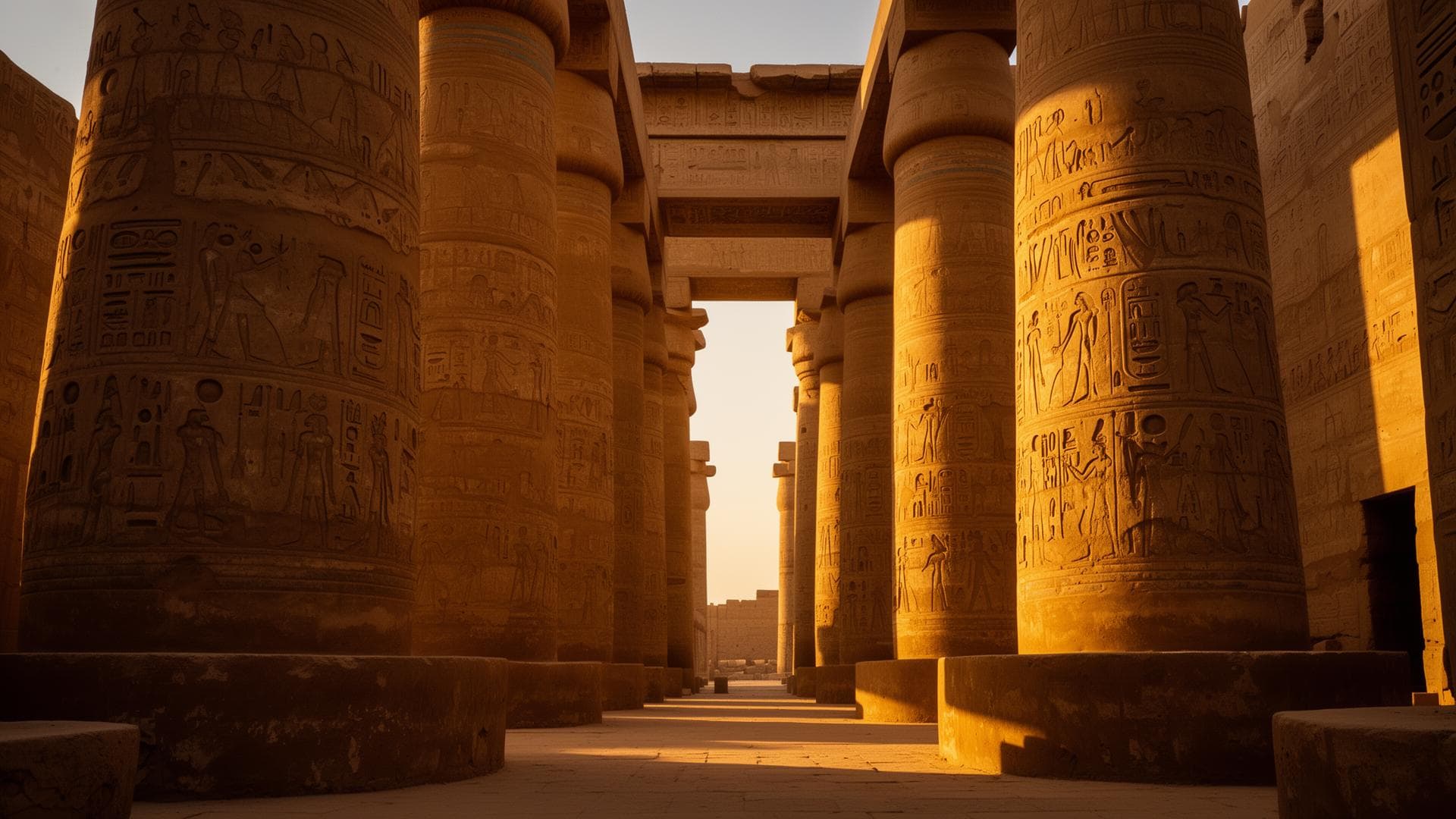 Temple de Karnak, colonnes avec lumière rasante