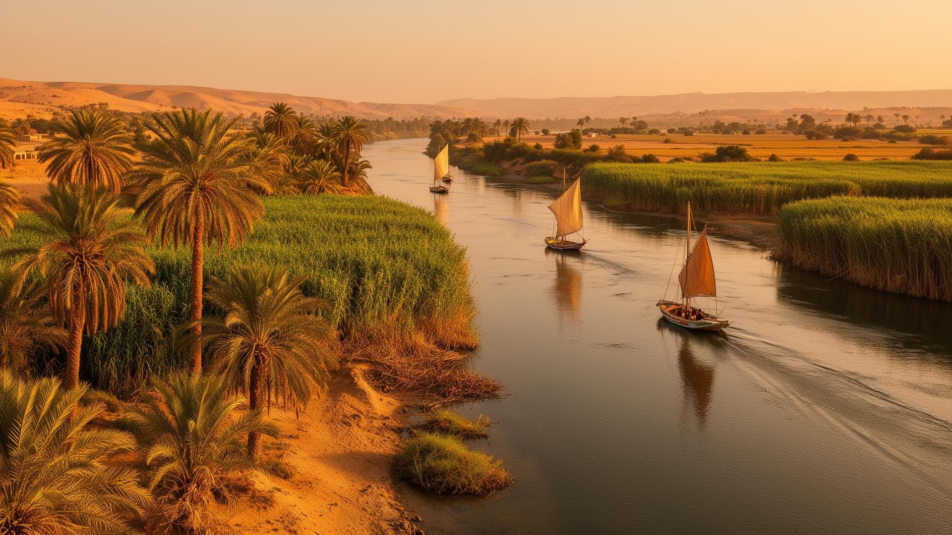 Les rives du Nil, palmiers et felouques