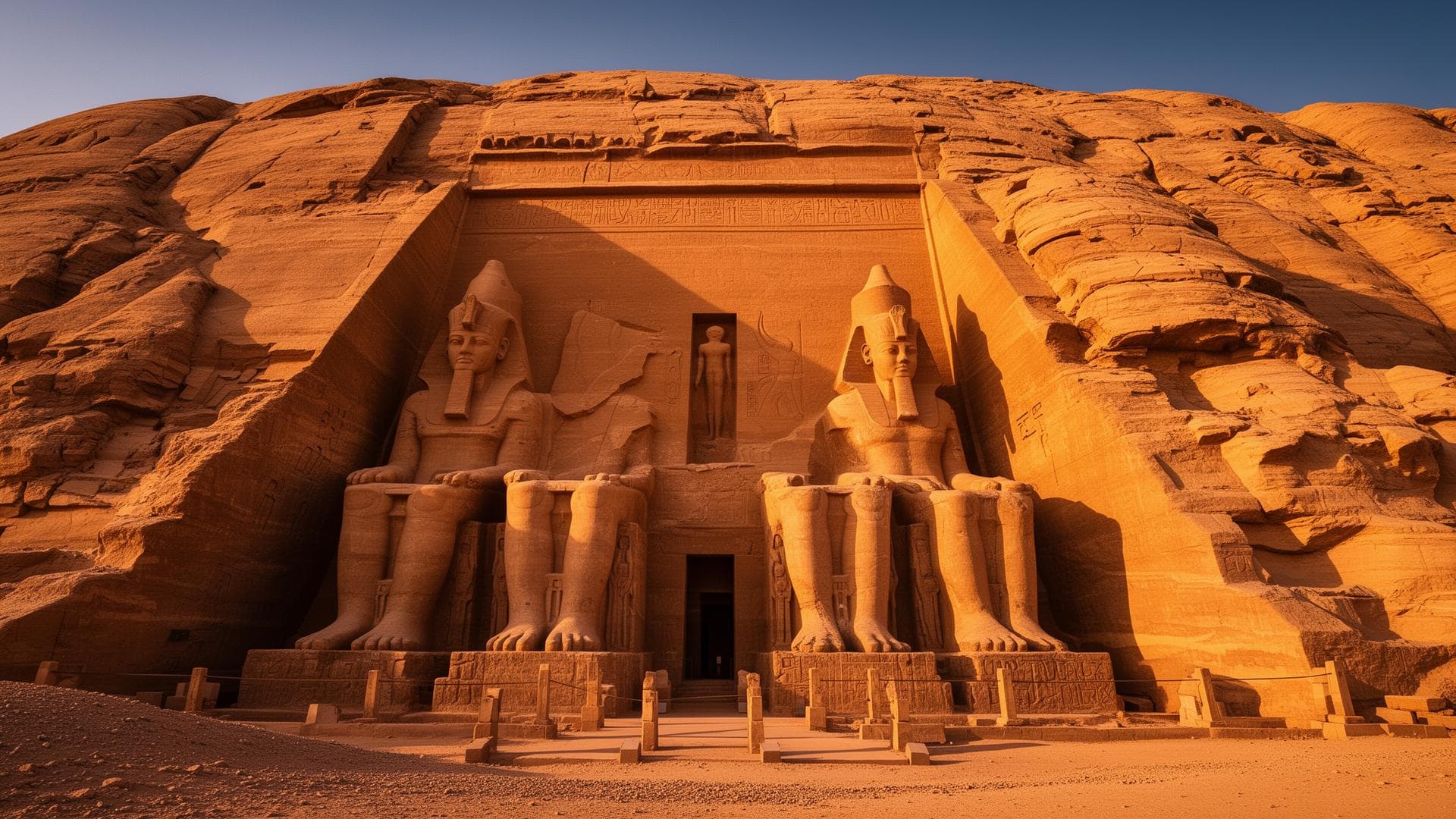 Les colosses du temple d'Abou Simbel face au lac Nasser